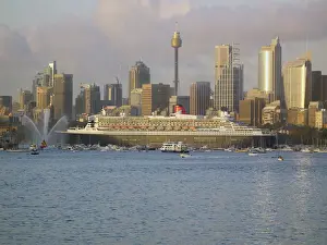 Queen Mary 2 on maiden voyage arriving in Sydney Harbour, New South Wales