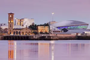 Contrasts Prints: Queens Dock, Old Pump House, Clydeside Distillery and Hydro, at dusk, Glasgow, Scotland