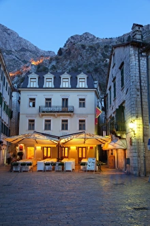 Quiet cafe in the old town of Kotor at night, Kotor, UNESCO World Heritage Site