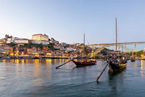 Outdoor Activity Prints: Rabelo Boats on the River Douro with the Dom Luis l Bridge at dusk