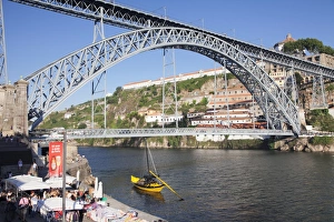 Rabelos boat on Douro River, Serra do Pilar Monastery, Ponte Dom Luis I Bridge, UNESCO
