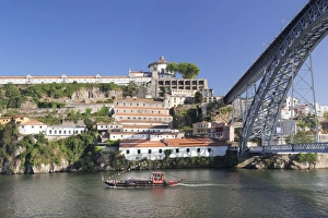 Traditionally Portuguese Prints: Rabelos boat on Douro River, Serra do Pilar Monstery, Ponte Dom Luis I Bridge, UNESCO