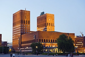 Radhus (City Hall) illuminated at night, Oslo, Norway, Scandinavia, Europe