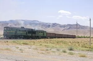 Railway crossing landscape, Geok-Depe, Turkmenistan, Central Asia, Asia