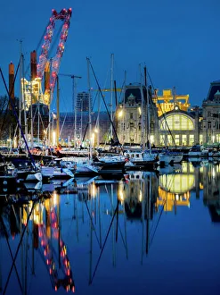 Cranes Prints: Railway station dusk, Ostend, Belgium, Europe