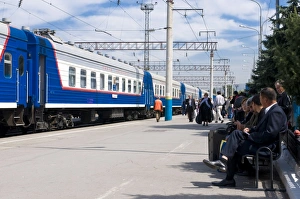 Carriages Prints: Railway station with passengers and train, Almaty, Kazakhstan, Central Asia, Asia