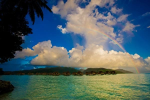 Tahiti Prints: Rainbow arcing over the overwater bungalows, Le Taha a Resort, Tahiti, French Polynesia