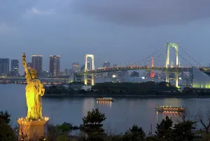 Time Prints: Rainbow Bridge, with in the foreground the replica of the Statue of Liberty