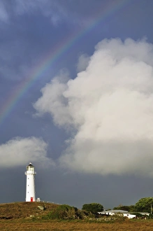 Taranaki Prints: Rainbow and Cape Egmont Lighthouse, Taranaki, North Island, New Zealand, Pacific