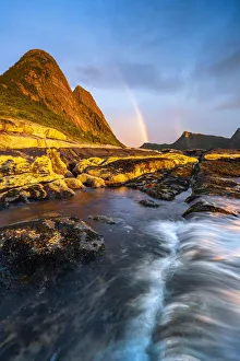 Tungeneset Prints: Rainbow over mountains and Arctic sea from Tungeneset viewpoint, Senja, Troms county