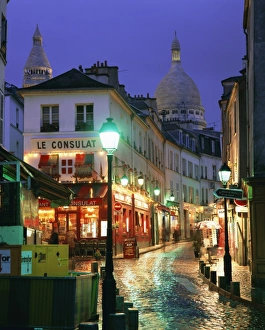 Restaurant Prints: Rainy street and dome of the Sacre Coeur, Montmartre, Paris, France, Europe