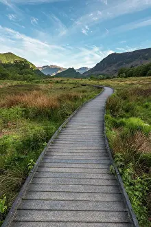 Boardwalk Prints: A raised path in the Borrowdale Valley with Castle Crag the prominent hill in the centre of image