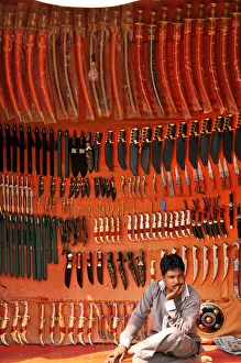 Stalls Prints: Rajasthani traditional knife seller, Pushkar, Rajasthan, India, Asia