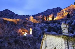 Ramparts Prints: The ramparts of Kotor Castle illuminated at night, Kotor, UNESCO World Heritage Site