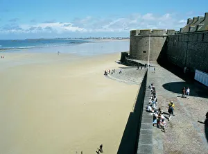 Town Wall Prints: Ramparts of old town and beach to the northwest of St. Malo, Brittany, France, Europe