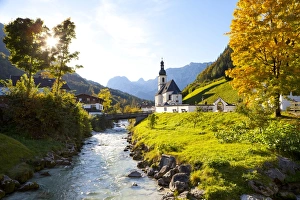 Ramsau Church in autumn, Ramsau, near Berchtesgaden, Bavaria, Germany, Europe