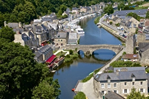 Rance River valley and Dinan harbour with the Stone Bridge, Dinan, Brittany, France, Europe