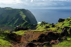 Volcano Prints: Rano Kau Volcano offers views of coast and ocean on Easter Island in Chile while clouds cover the sky
