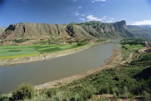 Cultivate Prints: Rape and barley fields by the Hwang Ho, Yellow River, at Lajia, Qinghai Province, China