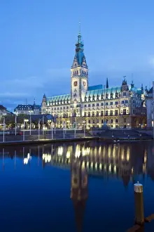 Rathaus Prints: Rathaus (City Hall) illuminated at night reflected in a canal, Hamburg, Germany, Europe