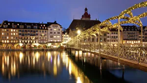 Lucerne Prints: Rathaussteg Bridge in the evening, Lucerne, Switzerland, Europe