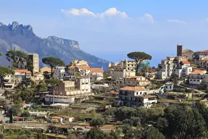 Ravello Prints: Ravello, backed by mountains and sea, elevated view from Scala, Amalfi Coast, UNESCO