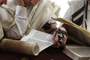 Hauts De Seine Prints: Reading the Book of Esther during Purim celebration in a synagogue, Montrouge