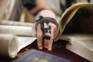 Hauts De Seine Prints: Reading the Book of Esther during Purim celebration in a synagogue, Montrouge