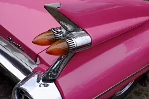 Tail Light Prints: Rear fin and lights of vintage pink Cadillac, Havana, Cuba, West Indies, Central America