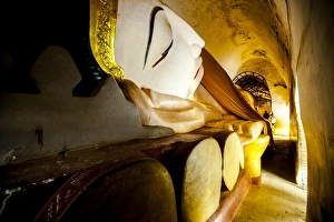 Burma Prints: Reclining Buddha at Manuha Paya (Manuha Temple), a Buddhist temple built in Myinkaba