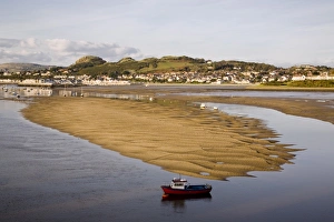Conwy Prints: Red boat by exposed rippled sandbank on Conwy River