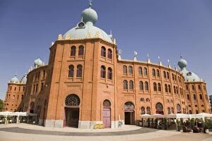 The red brick exterior of the Campo Pequeno bullring in central Lis bon, Portugal, Europe