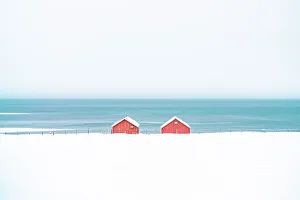 Rorbu Prints: Red cabins in the snow overlooking the frozen sea