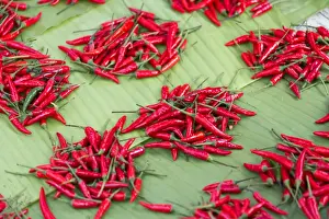 Red chillies on sale in town market, Kengtung (Kyaingtong), Shan State, Myanmar (Burma), Asia