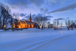 Flakstad Prints: The red church of Flakstad surrounded by snow at dusk, Lofoten Islands, Arctic, Norway