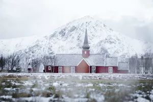 Nordland County Gallery: Red church of Flakstad in winter fog, Flakstad, Nordland county, Lofoten Islands, Norway