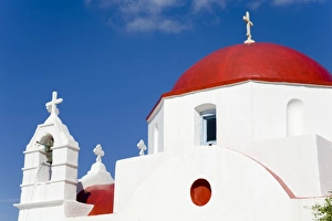 Red domed church in Mykonos Town, Island of Mykonos, Cyclades, Greek Islands, Greece, Europe
