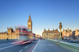 Parliament Building Prints: Red double-decker bus on Westminster Bridge, in front of the Palace of Westminster