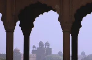 Mughal Prints: Red Fort from arches of Jami Masjid mosque, Old Delhi, India, Asia