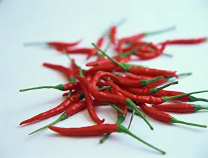 Studio Shot Prints: Red hot chillies on a white sheet