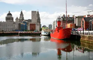 Port Prints: The red lightship at Canning Dock next to Albert Dock with the Liver building in the background