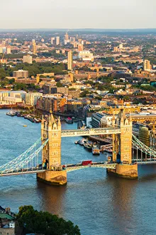 Connections Prints: Red London bus crossing Tower Bridge, from above, London, England, United Kingdom, Europe