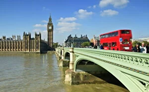 Houses Of Parliament Collection: Red London bus crossing Westiminster Bridge, London, England, United Kingdom, Europe