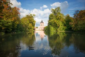 Schwetzingen Prints: Red Mosque and reflections in autumn, Schwetzingen, Baden-Wurttemberg, Germany, Europe