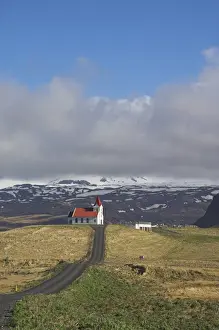 Lutheran Prints: Red roofed white Lutheran Icelandic church at Ingjaldsholl