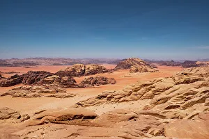 Wadi Rum Prints: Red sand and rocks in the Wadi Rum desert, Jordan, Middle East