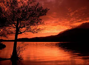 Red sky at sunset, Coniston Water, Consiton, Lake District, Cumbria, England