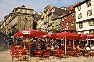 Squares Prints: Red sunshades of cafes in Ribeira Square, Porto, Portugal, Europe
