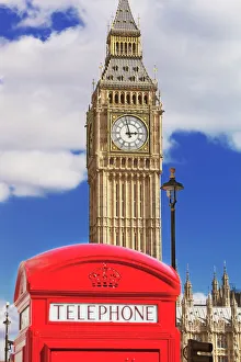 Text Prints: Red telephone box and Big Ben, Westminster, UNESCO World Heritage Site