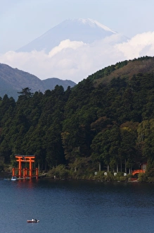 Torii Prints: Red Torii Gate on Lake Ashi with Mount Fuji in background